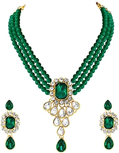 Peora Gold Plated Crystal Kundan Necklace with Drop Earrings Jewellery Set for Girls & Women (Green)