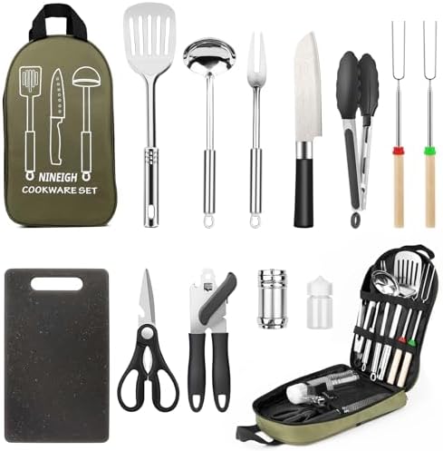 Camping Cookware Set, Camping Kitchen Gear, Camp Utensil Set Stainless Steel Grill Tools, Camping Cooking BBQ Equipment Kit for Travel Tent Picnic Portable Kitchen Essentials Accessories