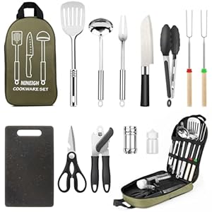 Camping Cooking Utensils Set, Stainless Steel Grill Tools, Camping BBQ Cookware Gear and Equipment for Travel Tenting RV Van Picnic Portable Kitchen Essentials Accessories