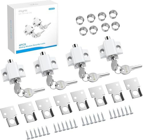 eSynic 4pack Sliding Patio Door Lock with Key Professional Zinc Alloy Patio Door Security Lock 2 Way Installation Durable Patio Door Latch Sliding Window Locks for Home Safety-White