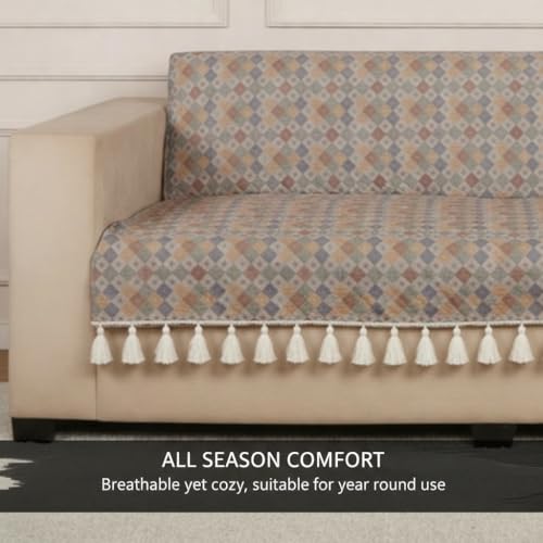Image of STITCHNEST Quilted Velvet Sofa Cover with Tassels - 48x60 Inch, Multicolor Pastel Geometric Design, Soft & Luxurious, Washable Sofa Protector for 2-Seater