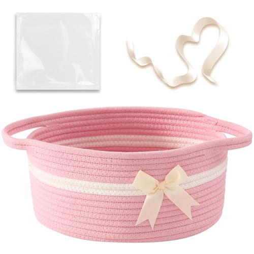 Image of Gift Baskets Empty, Small Woven Rope Storage Basket with Bow and Ribbons and Gift Wrap, Bowknot Decorative Gifts Basket with Handles, DIY Storage Organizer Basket for Wedding Graduation, Pink