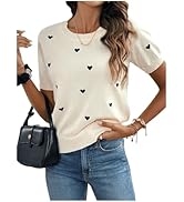 WDIRARA Women's Heart Pattern Sweater Crewneck Short Sleeve Pullovers Knit Top