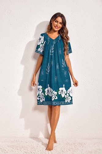 Image of Ekouaer Womens House Dress Floral Print Nightgown with Pockets Mumu Dress | V Neck Nightgowns for Women Pleated Short Sleeves Mumu Dresses Knee Length Moo Moo for Sleep, Daily Wear, Vacation, Party