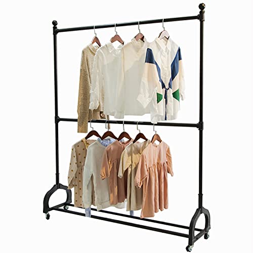 Perchero de Doble Barra con Ruedas, Organizador de Ropa con Ruedas y Altura Ajustable, Barra metálica para Dormitorio y lavadero, Color Negro (tamaño: 150 x 40 x 185 cm)