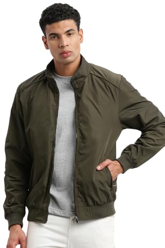 Image of SHOWOFFFF Men Solid Bomber Jacket | Mock Collar Full Sleeves Nylon Jacket for Mens | Slim Fit Regular Length Jacket for Men's