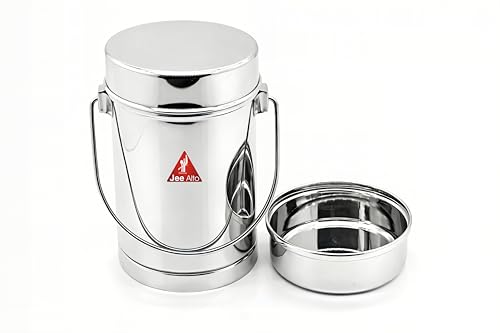 Image of Stainless Steel 2 in 1 Multipurpose Milk Can /Chutney n Sambhar Barni With Steel Inner Separator Medium (Cup : 300 ml + Dabba: 1550 ml)
