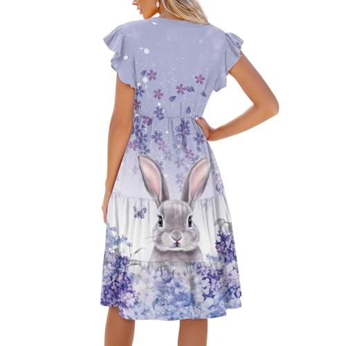 Image of Women's Casual Ruffle Sleeve Dress V Neck Pullover Dress Flowy A-Line Pleated Lightweight Dress with Pockets