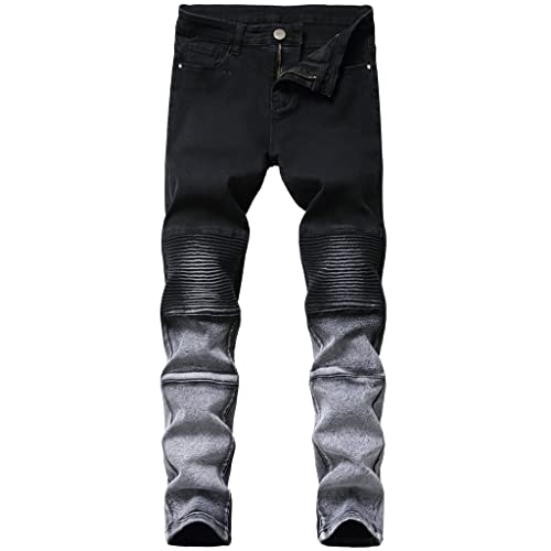 Jean slim de moto noir de style Viker : pantalon en denim plissé d'hiver