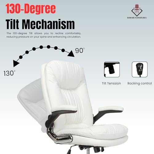 Image of Premium Leatherette Executive Office Chair with Chrome Base & Padded Armrests | Adjustable Height Swivel Desk Chair for Office & Home (White)