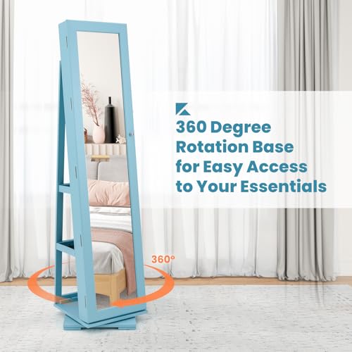 CHARMAID 360° Swivel Jewelry Armoire with Full Length Mirror, Standing Lockable Jewelry Cabinet Organizer, Large Storage Capacity, Inside Makeup Mirror, Back Storage Shelves (Sky Blue)