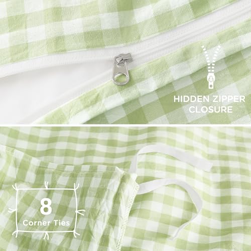 Image of TOCOMOA Plie Green Gingham Duvet Cover Bedding Set 100% Washed Cotton Like Linen Feel Super Soft Comfy 3 Piece Vintage Plaid Checkered Comforter Cover Set (King 104 inchx90 inch, Comforter Not Included)