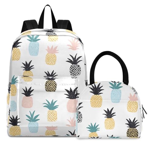 Backpack Lunch Bag Set Cartoon Pineapple Print, Big Storage Travel Backpacks with Insulated Lunch Box for Office Hiking Picnic