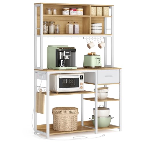 VASAGLE Bakers Rack with Charging Station, Coffee Bar, 15.7 x 31.5 x 71 Inches, Kitchen Microwave Stand, Adjustable Storage Shelves, Fabric Drawer, 12 Hooks, Golden Oak and Cloud White UKKS0