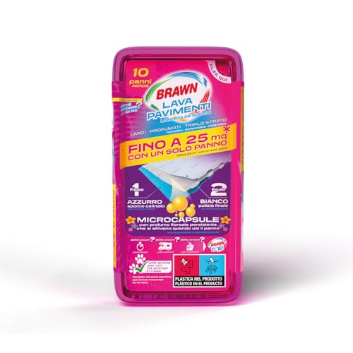 Brawn Lavapavimenti, Panni Umidificati con Microcapsule Profumate, Tessuto Ultra Spesso Triplo Strato, Puliscono Fino a 25 mq con un Solo Panno, Confezione da 10 Panni