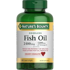 Nature’s Bounty Odorless Fish Oil, 1200mg Omega-3 per Serving Including EPA & DHA, Supports Heart Health, Purified to Elimiate Mercury, Coated Softgels, Gluten Free, No Shellfish, 90 Ct