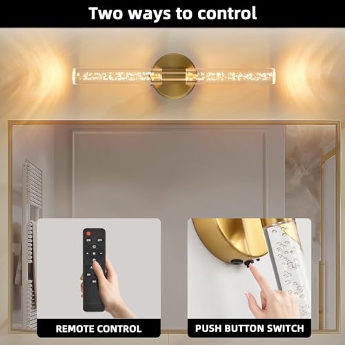 Image of Battery Operated Wall Sconces Set of 2, Gold 20'' Rechargeable Crystal Bubble Wall Sconce with Remote Control, 3000K-6000K Dimmable LED Wireless Wall Lights for Living Room Bedroom Hallway