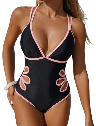 Image of ZAFUL Women's Petal Cut Out One Piece Swimsuit Colorblock V Neck Dual Straps Crisscross Backless Bathing Suit
