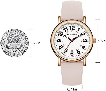 GOLDEN HOUR Waterproof Nurse Watch for Medical Professionals, Students Women Men - Military Time Luminouse Easy Read Dial, 24 Hour with Second Hand, Colorful Silicone Band in Rose Gold Champagne - 4