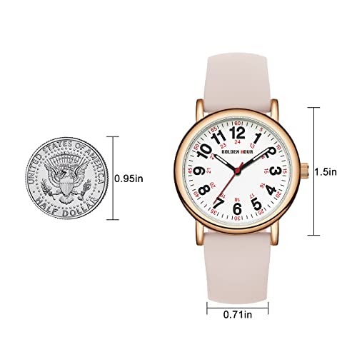 Golden Hour Waterproof Nurse Watch For Medical Professionals, Students Women Men - Military Time Luminouse Easy Read Dial, 24 Hour With Second Hand, Colorful Silicone Band In Rose Gold Champagne #TOP4