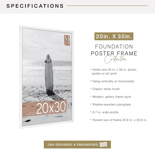 Image of MCS Foundation 20x30 Poster Frame Traditional White, Vertical & Horizontal Wall Hanging Large Picture Frame for Photos, Posters & Art Prints (1-Pack)