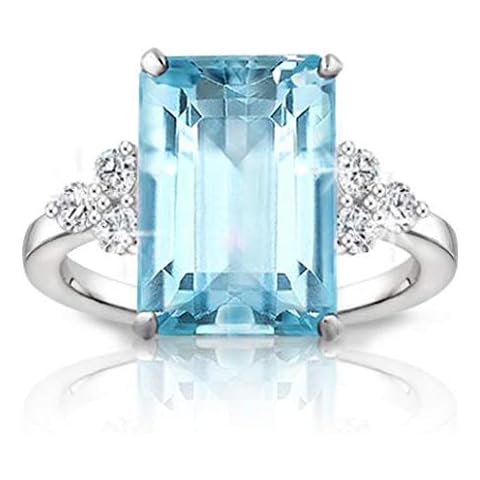 IVY & BAUBLE Large Emerald Cut Simulated Gemstone Aquamarine Color Wedding Party Cocktail Ring for Women in Rhodium Plating, Size 6 Cover
