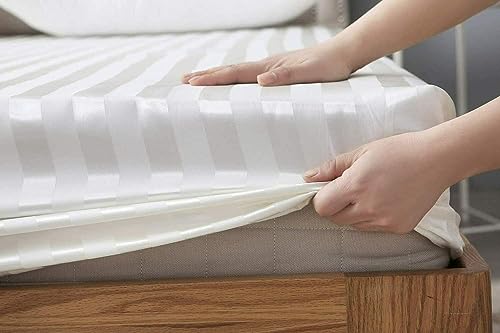 SeventhStitch The Art of Fine Living Fitted Sheets Cotton 600 Thread Count Stripe 40CM/16'' Extra Deep Pocket White Bottom Sheet Satin Silver Grey Mattress Topper Bedsheet Double King SuperKing Size