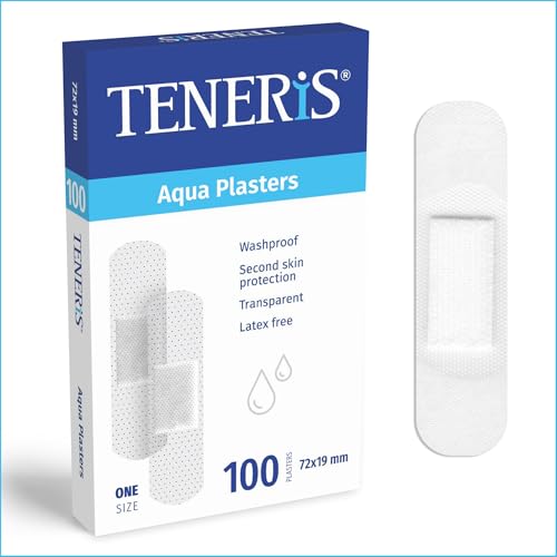 Teneris Aqua Waterproof Plasters - Pack of 100 Transparent Hypoallergenic Latex-Free Wound Dressings for Cuts Blisters & Grazes Washproof Second-Skin Plasters for Everyday Protection