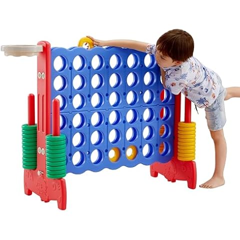 Giant 4-in-A-Row Game Set, Jumbo 4-to-Score Toy w/Basketball Hoop, Ring Toss, 42 Jumbo Rings and Quick-Release Lever Indoor Outdoor Family Connect Game for Kids & Adults (Blue) Cover