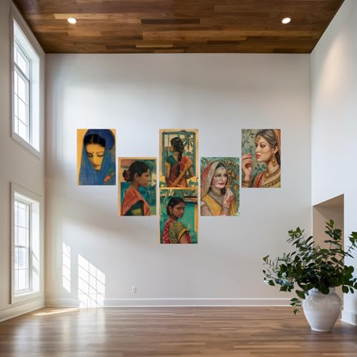 Image of SiddArtify Set of 6 Indian Women Art Prints - Portrait Paintings - Warm Color Palette - Sticker - 8x12 Inch - Pack of 6 Wall Room Decoration art Poster Prints