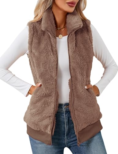 IECCP Weste Damen Outdoor Casual Leicht Ärmellos Daunenjacke Damen Einfarbig Elegant Mode Damen Weste Lang(Leichter Kaffee,L)