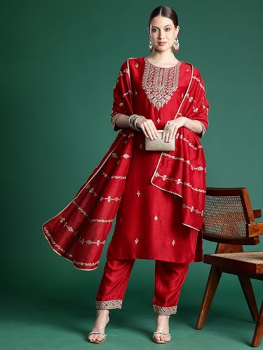 Image of INDO ERA Women's Embroidered Silk Blend Straight Kurta And Pant With Dupatta Set (Kh9Mr6293)