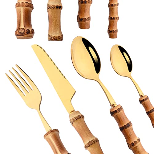 BRIIEC Bamboo Flatware Sets for 6, 24 Piece Natural Bamboo Handle Stainless Steel Silverware Sets Golden Cutlery Set, Mirror, Dishwasher Safe for Home Kitchen Restaurant Bar - Gold