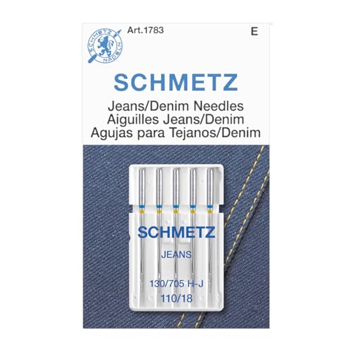 SCHMETZ Agulhas para máquina de costura Jean & Denim - Agulhas de precisão para tecido pesado, tamanho 110/18, 5 cartões de agulha, pacote com 1