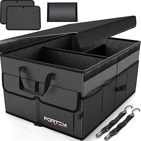 Fortem Car Boot Organiser, Car Storage Organiser, Car Accessories, Collapsible Multi Compartment Car Organiser, Car Boot Tidy, Non Slip Bottom, Adjustable Securing Straps (Grey) Cover