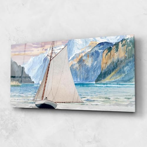 ARTHUB® Quadro in vetro 60x120 cm, 4mm temperato | Quadri moderni in vetro per soggiorno e camera da letto, decorazione da parete, arredamento d'interni, Paesaggi, Boat Mountain View