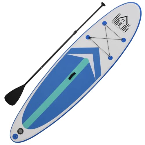 HOMCOM Aufblasbares Surfbrett Surfboard Stand Up Board mit Paddel rutschfest Inkl. Ausrüstung Kunststoff Eva Blau+Weiß 320 x 80 x 15 cm