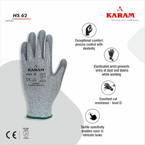 Image of Karam HS62 PU Palm Coated 13 Gauge HPPE Safety Gloves | Cut Resistance with Comfort & Dexterity | Work Gloves with Elasticated Knit Wrist | Size-M | Pack of 2