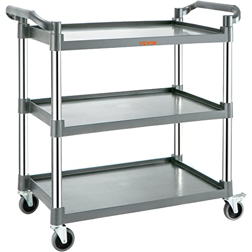 VEVOR Carrito de servicio utilitario, 3 estantes, 220 libras, carrito de servicio resistente, carrito utilitario rodante con ruedas bloqueables, carrito utilitario de plástico para cocina, oficina,