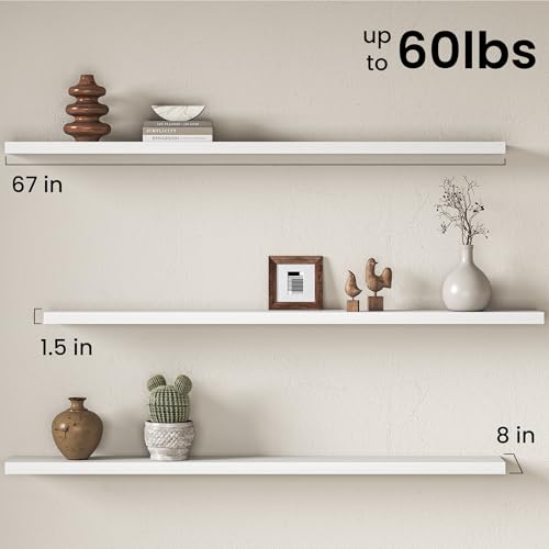 Image of Fun Memories 67Inch Long Floating Shelves, 8 Inch Deep Shelves for Bedroom|Living Room, Wall Mounted Wood Hanging Shelf with Invisible Brackets for Fireplace Mantel Home Storage Decor, White - 2 Pack