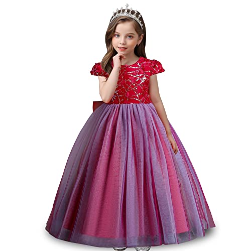 Vestido de encaje para niñas con lazo navideño y falda de lentejuelas elegante