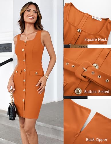 Image of GRACE KARIN 2025 Women's Buttons Belted Square Neck Business Work Dress Sleeveless Bodycon Midi Dress