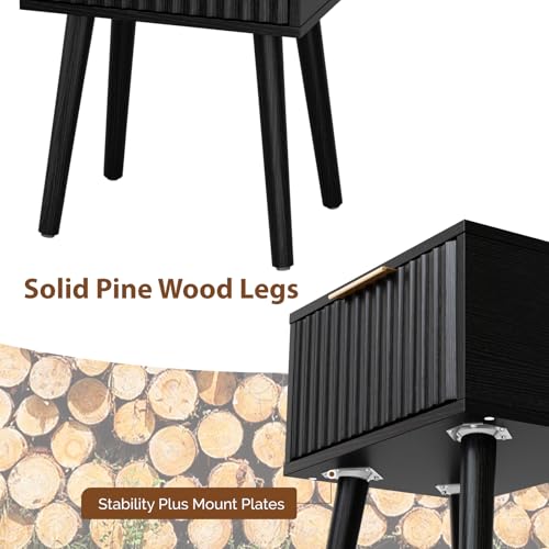 Image of VINGLI Night Stand Set 2, Fluted Nightstands with Drawer, Mid Century Modern Nightstands Set of 2, Bedside Table, End Table, Wood Nightstand for Bedroom, Black, 15.75 inch W*11.81 inch D*21.85 inch H