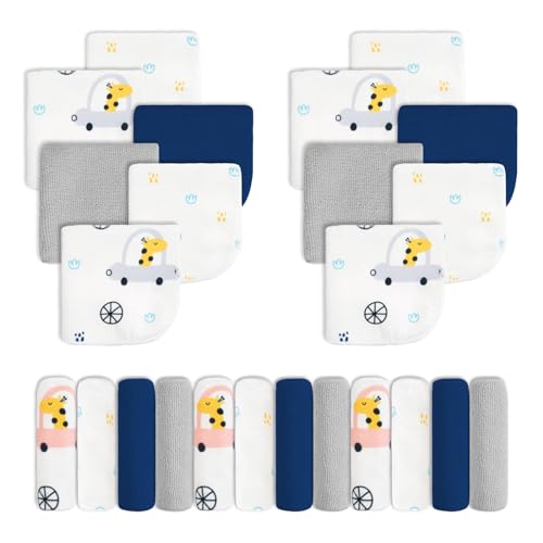 Image of Viviland Baby Washcloths, Super Soft Baby Bath Towels for Newborn 24 Pack, Absorbent Face & Body Wash Cloth for Baby Girl, Blue-Giraffe Pattern, 9 x 9 inch