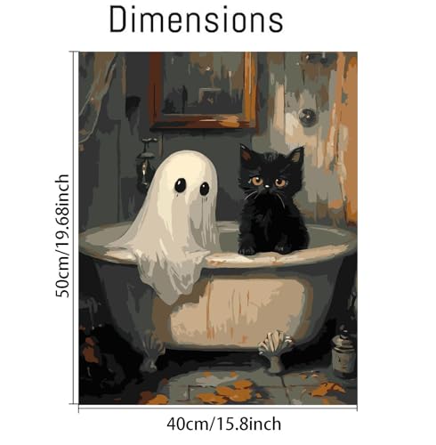 Image of Clendo Halloween Paint by Numbers Kit for Adults, Ghost Oil Painting by Numbers with Brushes, Black Cat Art and Crafts Canvas Kit for Beginner Home Decor 16x20 inch / 40x50 cm