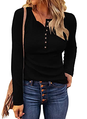 AUSELILY Women's Waffle Knit Tops Casual Long Sleeve Blouses Slim Fit Button Down V Neck Henley Shirt(Black,L)