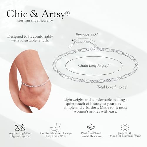 Image of CHIC & ARTSY 925 Sterling Silver Ankle Bracelets for Women, Adjustable Double Layer Chain Anklets, Minimalist Lightweight Foot Jewelry for Beach & Everyday Wear