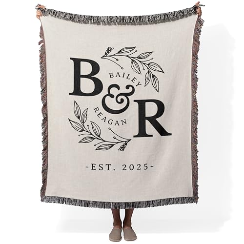 Studio Sam Personalized Woven Wedding Blanket with Monogram Names, Custom Tapestry for Couples, Anniversary, Engagement Gift (Natural, 60" × 50" Medium)