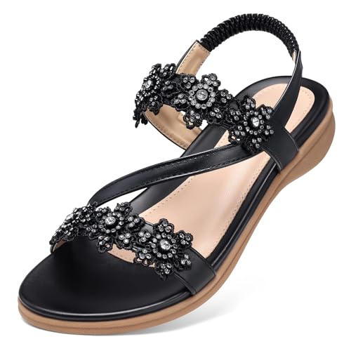 Image of TEMOFON Sandals for Women Flat Dressy Summer Flower Sandals with Ankle Strap Comfortable Casual Walking Flat Sandals Size 5-11