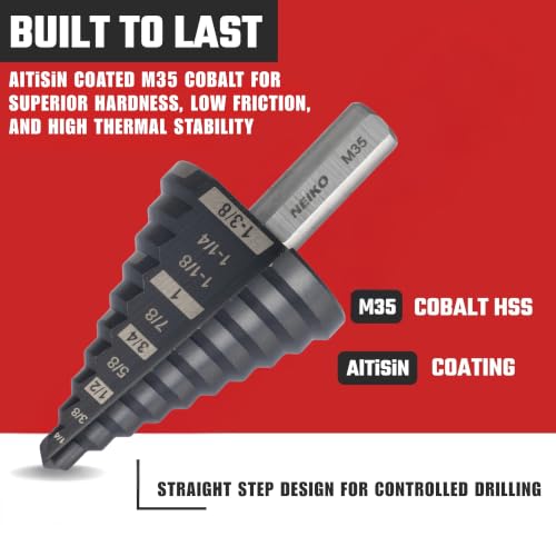 Image of NEIKO 10194B Step Drill Bit, 10 Steps 1 /4 inch to 1-3 /8 inch Straight M35 Cobalt, AlTiSiN Coated, 3 /8 inch Tri-Flat Step Bits for Steel, Metal, Wood, Plastic, Unibit Cone Drill Bits, Two Flute